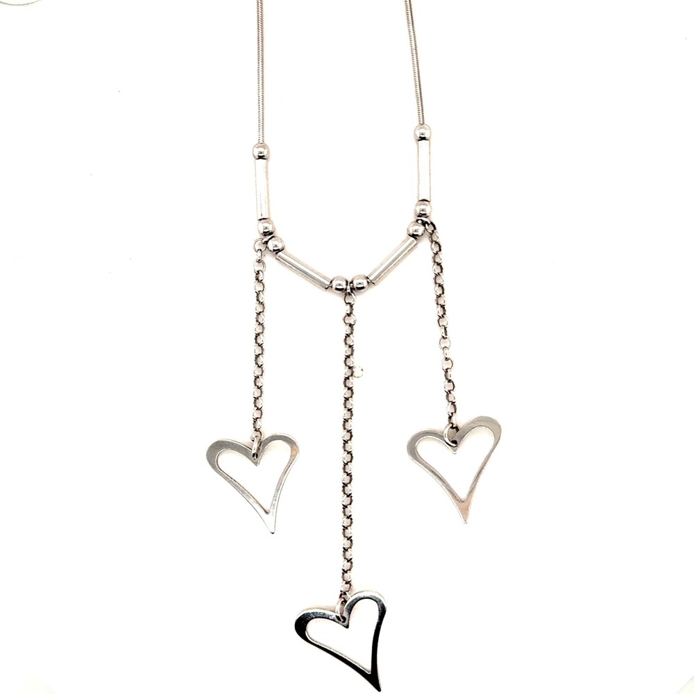 Sterling Silver 925 Triple Open Heart Drop Dangle Necklace 16 Inch 7g